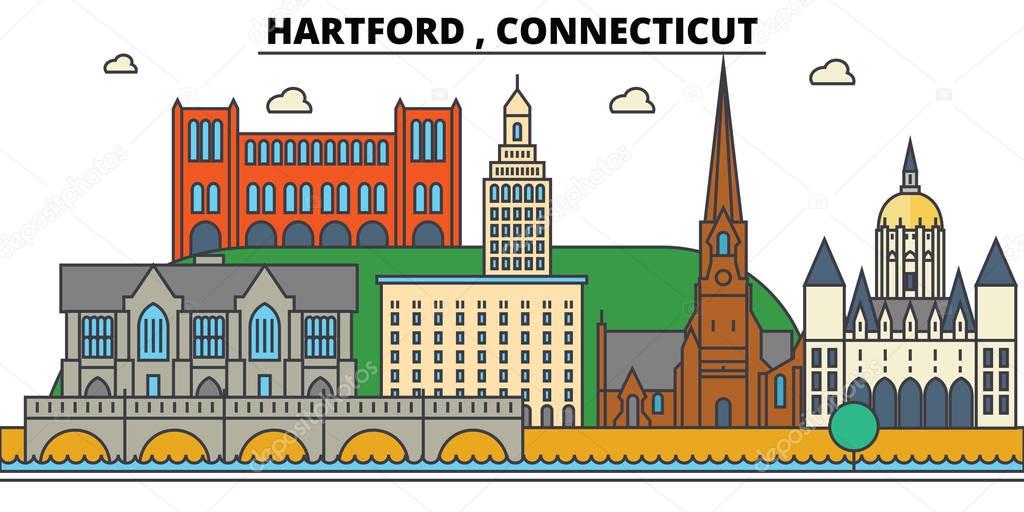Hartford, Connecticut. City skyline: architecture, buildings, streets, silhouette, landscape, panorama, landmarks. Editable strokes. Flat design line vector illustration concept. Isolated icons
