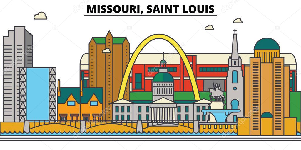 Missouri, Saint Louis. City skyline: architecture, buildings, streets, silhouette, landscape, panorama, landmarks. Editable strokes. Flat design line vector illustration concept. Isolated icons