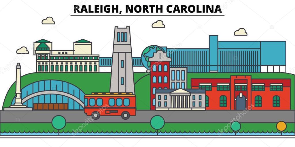 Raleigh, North Carolina. City skyline: architecture, buildings, streets, silhouette, landscape, panorama, landmarks. Editable strokes. Flat design line vector illustration concept. Isolated icons