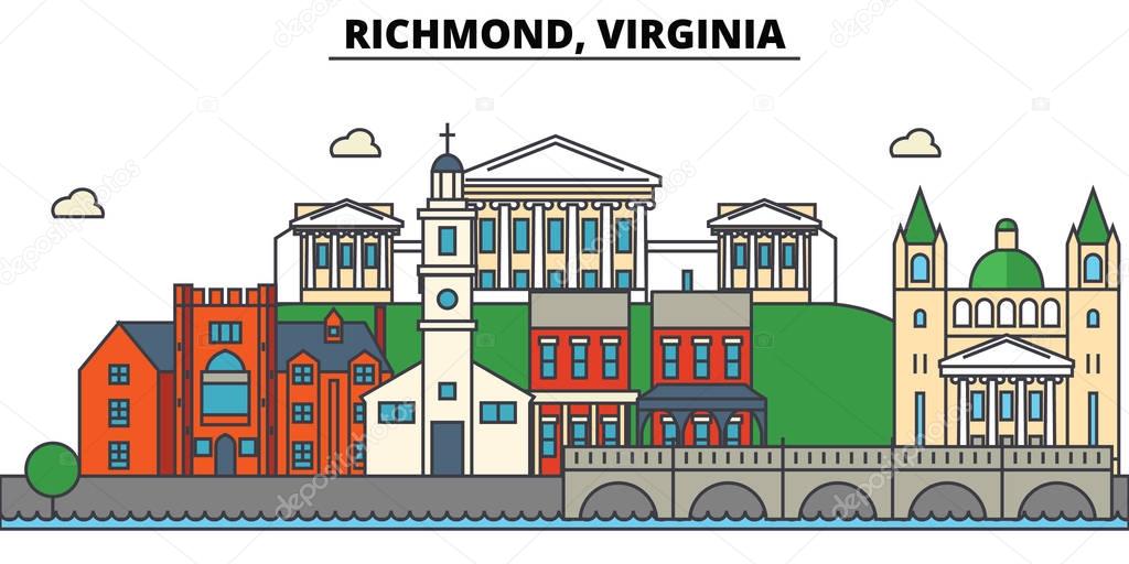Richmond, Virginia. City skyline: architecture, buildings, streets, silhouette, landscape, panorama, landmarks. Editable strokes. Flat design line vector illustration concept. Isolated icons