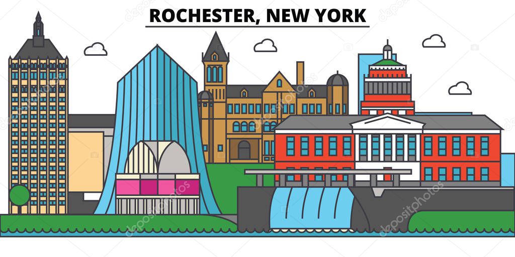 Rochester, New York. City skyline: architecture, buildings, streets, silhouette, landscape, panorama, landmarks. Editable strokes. Flat design line vector illustration concept. Isolated icons
