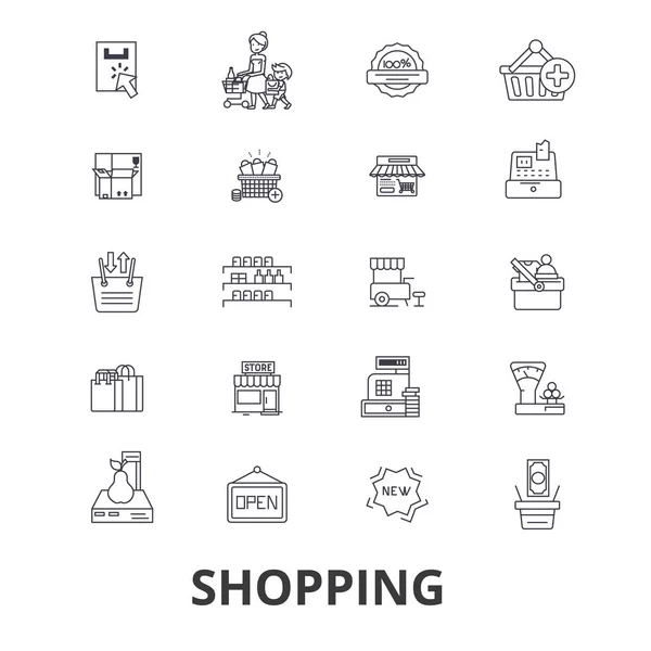 쇼핑, 가방, 쇼핑몰, 카트, 판매, 패션, 온라인 소매, 소비, 쇼핑, 라인 아이콘을 저장. 편집 가능한 스트로크입니다. 평면 디자인 벡터 그림 기호 개념입니다. 선형 격리 표지판 — 스톡 벡터