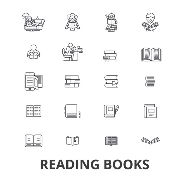 Könyvek, nyitott könyv, halom könyv, könyvespolc, könyvtár, olvas, olvasás könyv, papír vonal ikonok. Szerkeszthető stroke. Lapos kivitel vektoros illusztráció szimbólum fogalom. Lineáris jelek elkülönített — Stock Vector