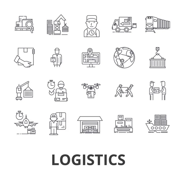 Logistika, doprava, sklad, dodavatelského řetězce, truck, distribuce, loď linie ikony. Upravitelné tahy. Plochý design vektorové ilustrace symbolu koncept. Samostatný lineární známky — Stockový vektor