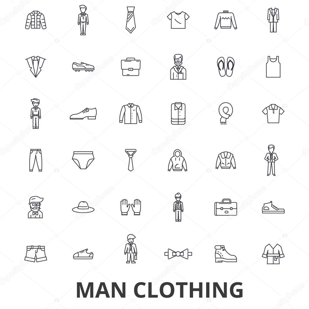 Man clothing, clothes, fashion, wear, shoe, tie, suit, shirt line icons. Editable strokes. Flat design vector illustration symbol concept. Linear signs isolated on white background