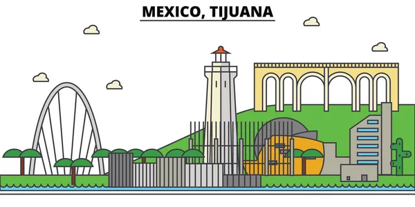 Mexiko, Tijuana. Stadens skyline, arkitektur, byggnader, gator, siluett, landskap, panorama, sevärdheter, ikoner. Redigerbara stroke. Platt design line vektor illustration koncept — Stock vektor