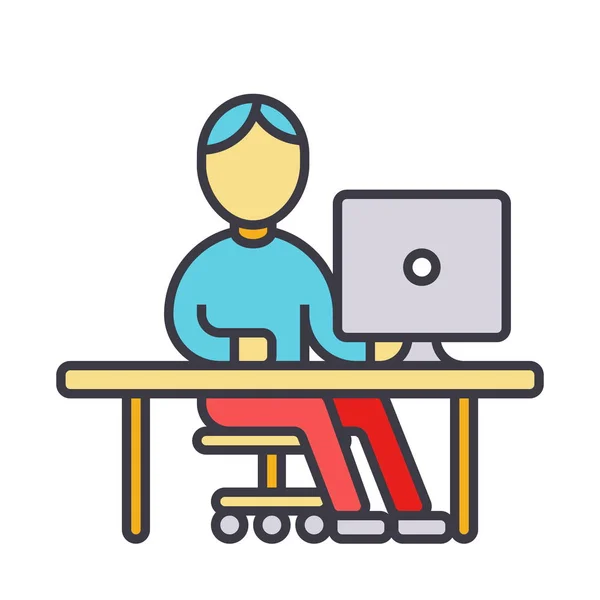 Homem trabalhando no computador na tabela ilustração linha plana, vetor conceito ícone isolado —  Vetores de Stock