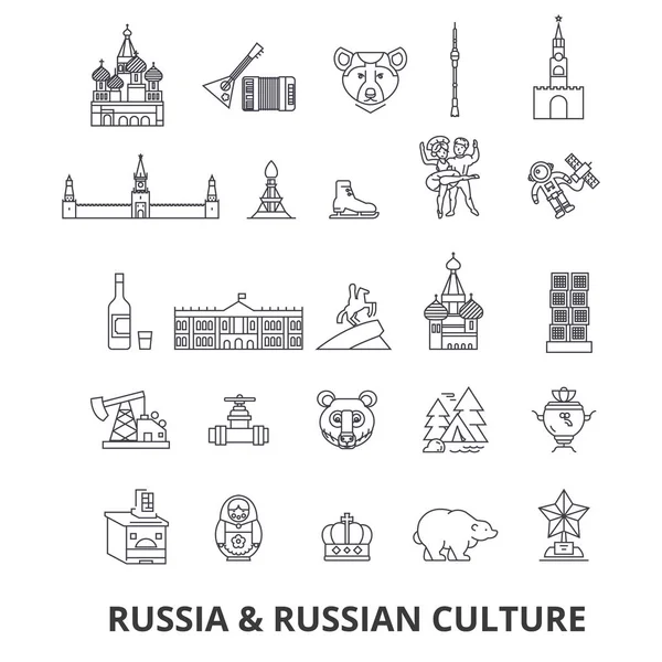 Rusya, Moskova, harita, Rus bayrağı, matryoshka, kremlin, SSCB, st petersburg, sights çizgi simgeler. Düzenlenebilir vuruş. Düz tasarım vektör çizim sembolü konsepti. Lineer işaretler izole