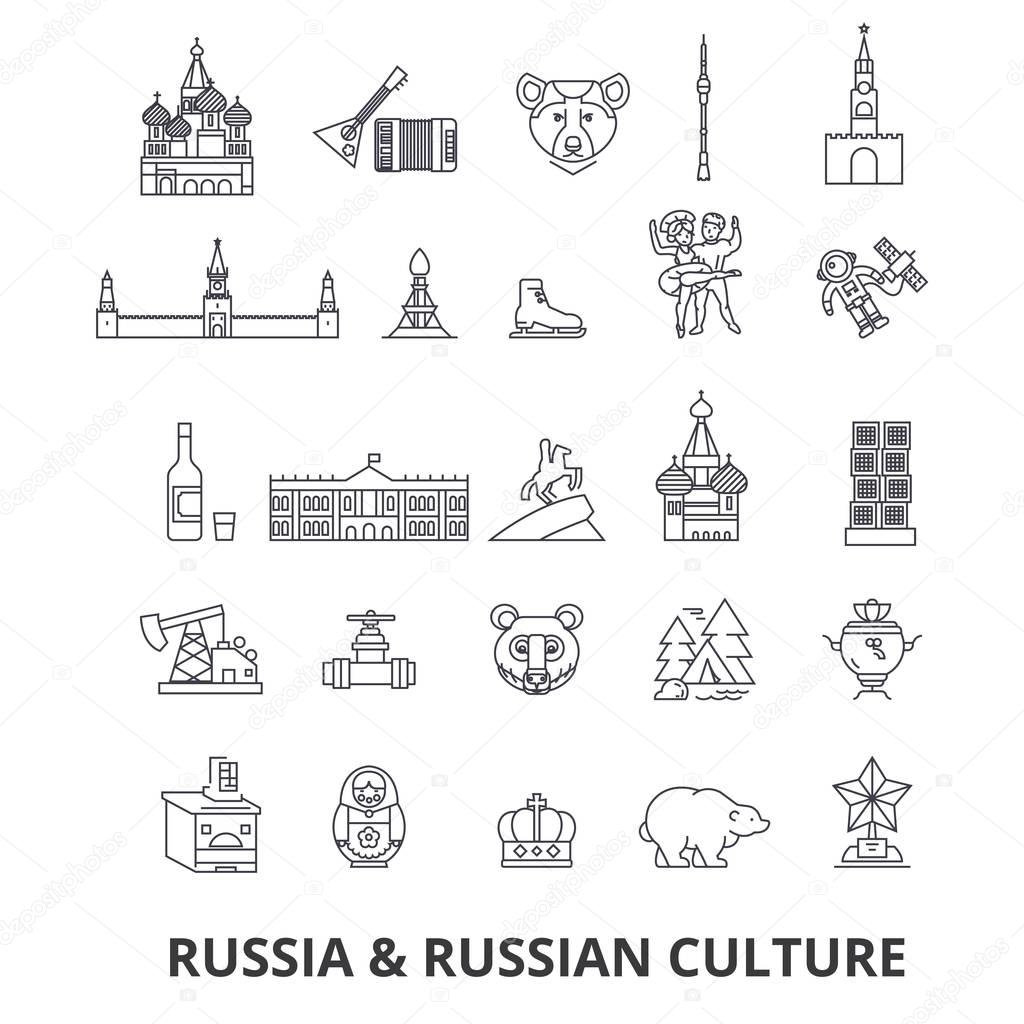 Russia, moscow, map, russian flag, matryoshka, kremlin, ussr, st petersburg, sights line icons. Editable strokes. Flat design vector illustration symbol concept. Linear signs isolated