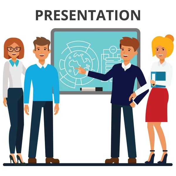 Business presentation. Businessmen and businesswomen meeting. Presentating of the project. Company colleagues. Flat style vector illustration isolated on white background. — Stock Vector