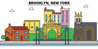 Brooklyn, New York. Şehir manzarası, mimari, binalar, sokaklar, siluet, peyzaj, panorama, yerler, simgeler. Düzenlenebilir vuruş. Düz çizgi vektör çizim tasarım