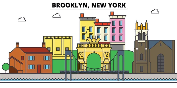 Brooklyn, New York. Toits de la ville, architecture, bâtiments, rues, silhouette, paysage, panorama, sites touristiques, icônes. Strokes modifiables. Concept de design plat line vector illustration — Image vectorielle