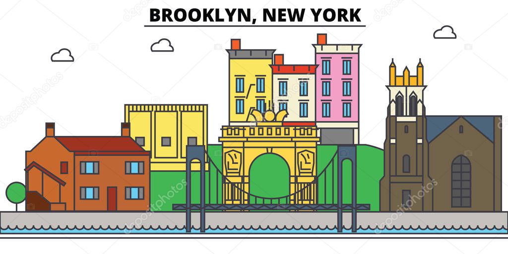 Brooklyn, New York. City skyline, architecture, buildings, streets, silhouette, landscape, panorama, landmarks, icons. Editable strokes. Flat design line vector illustration concept