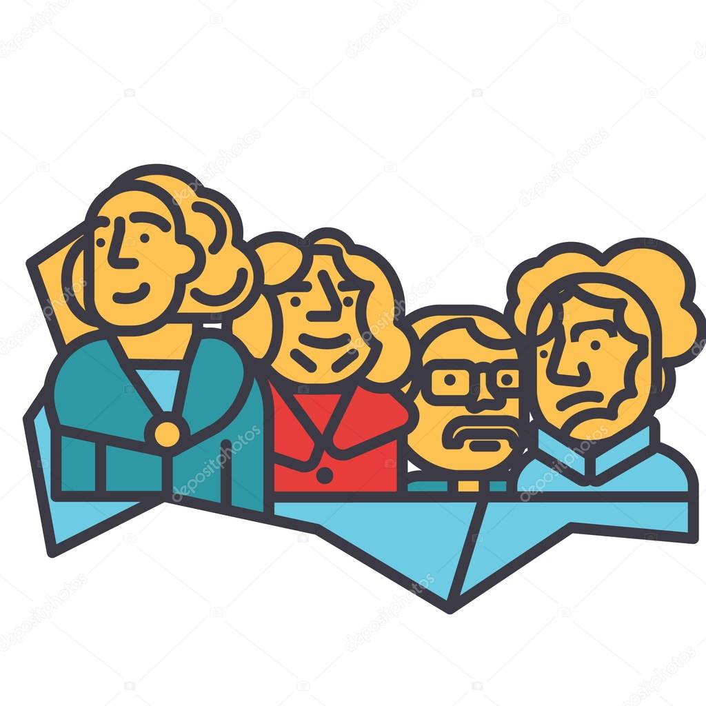 Usa presidents, mount rushmore flat line illustration, concept vector isolated icon