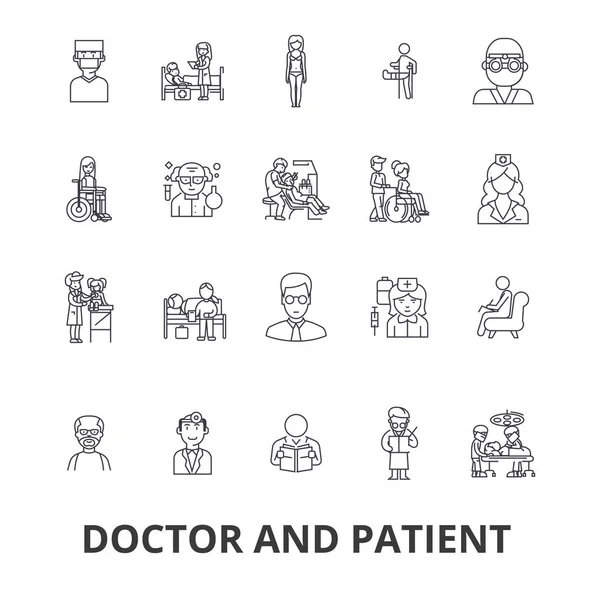 Médico y paciente, gabinete, médico, hospital, consulta, enfermera, línea de salud iconos. Golpes editables. Diseño plano vector ilustración símbolo concepto. Signos lineales aislados — Vector de stock