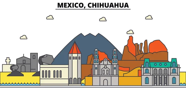 Meksika Chihuahua. Şehir manzarası, mimari, binalar, sokaklar, siluet, peyzaj, panorama, yerler, simgeler. Düzenlenebilir vuruş. Düz çizgi vektör çizim tasarım — Stok Vektör