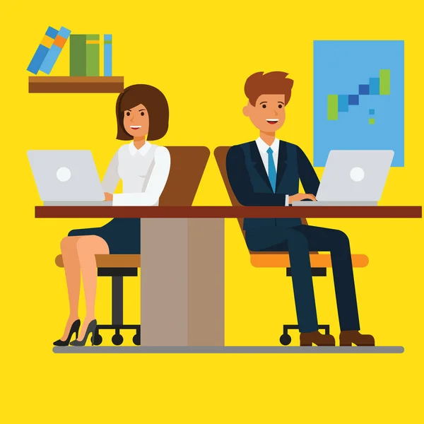 Business people working on computer in office. Teamwork, person job, businessman and businesswoman, vector concept illustration