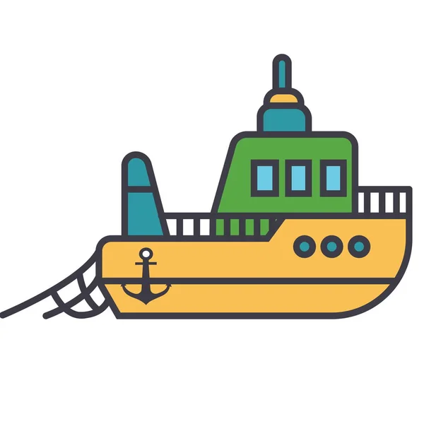 Ilustración de línea plana de pesca en barco, icono aislado vector concepto — Archivo Imágenes Vectoriales