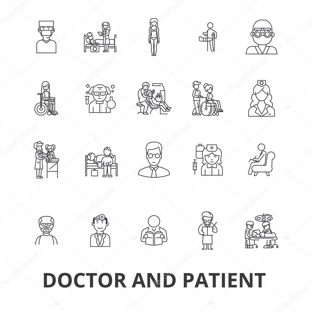 Doctor and patient, cabinet, medical, hospital, consultation, nurse, healthcare line icons. Editable strokes. Flat design vector illustration symbol concept. Linear signs isolated