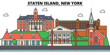 Staten Island, New York. Şehir manzarası, mimari, binalar, sokaklar, siluet, peyzaj, panorama, yerler, simgeler. Düzenlenebilir vuruş. Düz çizgi vektör çizim tasarım