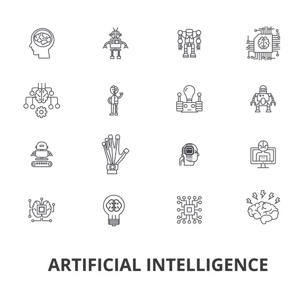 L’intelligence artificielle, robot, cerveau de l’ordinateur, technic, cyborg, cerveau, icônes ligne android. Strokes modifiables. Concept de design plat vector illustration symbole. Linéaires signes isolés — Image vectorielle