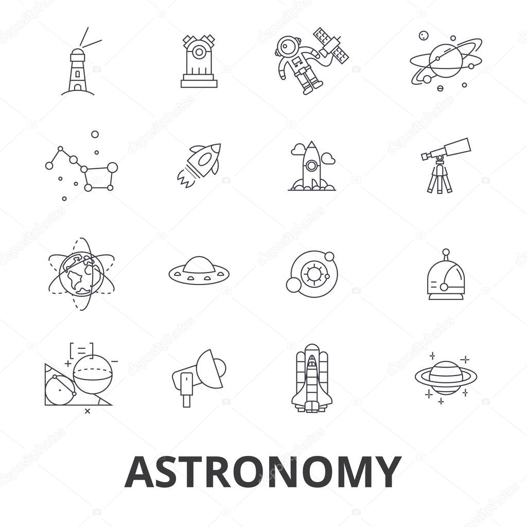 Astronomy, astrology, space, star, telescope, galaxy, planet, moon, science line icons. Editable strokes. Flat design vector illustration symbol concept. Linear signs isolated