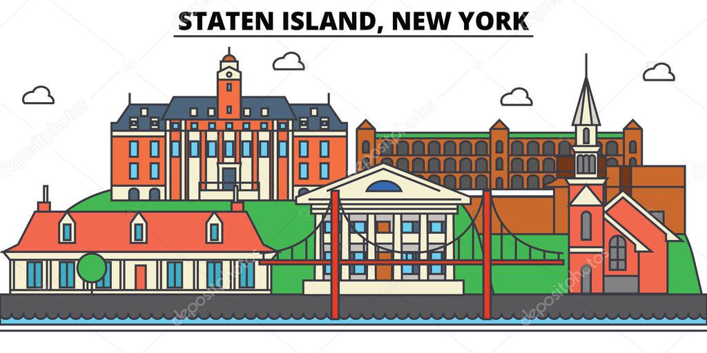 Staten Island, New York. City skyline, architecture, buildings, streets, silhouette, landscape, panorama, landmarks, icons. Editable strokes. Flat design line vector illustration concept