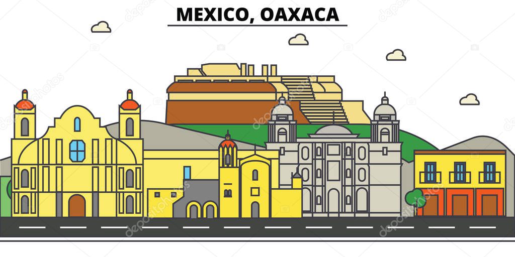 Mexico, Oaxaca. City skyline, architecture, buildings, streets, silhouette, landscape, panorama, landmarks, icons. Editable strokes. Flat design line vector illustration concept