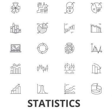 İstatistikler, infographics, veri, grafik, numarası, grafik, analitik, statik kavram satır simgeler. Düzenlenebilir vuruş. Düz tasarım vektör çizim sembolü konsepti. Lineer işaretler izole