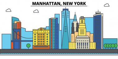 Manhattan, New York. Şehir manzarası, mimari, binalar, sokaklar, siluet, peyzaj, panorama, yerler, simgeler. Düzenlenebilir vuruş. Düz çizgi vektör çizim tasarım