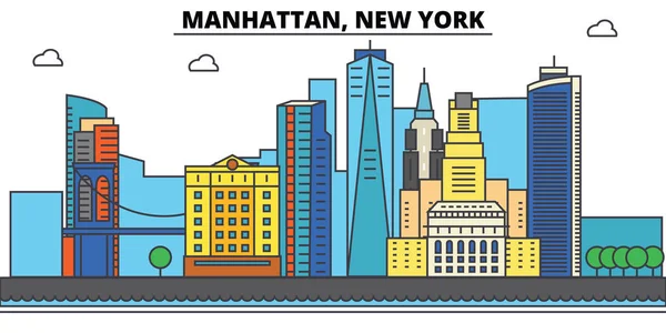 Manhattan (New York). Skyline van de stad, architectuur, gebouwen, straten, silhouet, landschap, panorama, monumenten, pictogrammen. Bewerkbare lijnen. Platte lijn vector illustratie ontwerpconcept — Stockvector