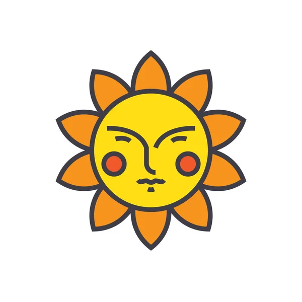 Sonne Gesicht flache Linie Abbildung, Konzept Vektor isoliert Symbol — Stockvektor