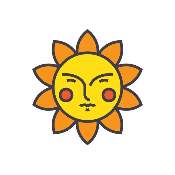 Ilustración de línea plana de cara al sol, icono aislado vector concepto — Vector de stock