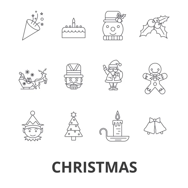 Navidad, árbol de Navidad, tarjeta de Navidad, decoración de Navidad, año nuevo, iconos de la línea de Santa. Golpes editables. Diseño plano vector ilustración símbolo concepto. Signos lineales aislados — Vector de stock