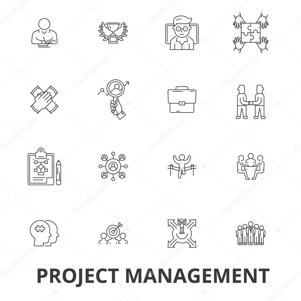 Project management, project, plan, consulting, chart, construction, engineering line icons. Editable strokes. Flat design vector illustration symbol concept. Linear signs isolated on white background