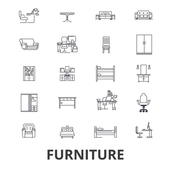 Меблі, дизайн меблів, інтер'єр, стілець, офісні меблі, іконки лінії вітальні. Придатні штрихи. Плоский дизайн Векторні ілюстрації концепція символів. Лінійні знаки ізольовані — стоковий вектор
