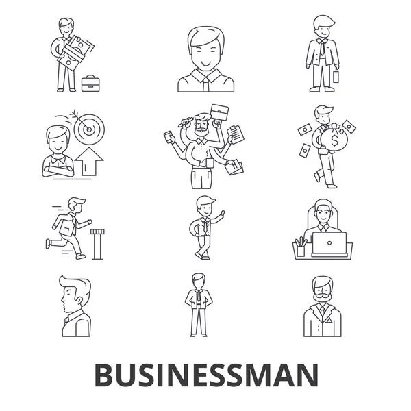 Geschäftsmann, Geschäft, Geschäftstreffen, Finanzen, Konzept, Unternehmen, Erfolgslinien-Symbole. editierbare Striche. flache Design Vektor Illustration Symbolkonzept. lineare Zeichen isoliert — Stockvektor