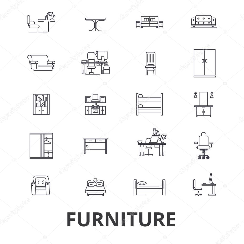 Furniture, furniture design, interior, chair, office furniture, living room line icons. Editable strokes. Flat design vector illustration symbol concept. Linear signs isolated