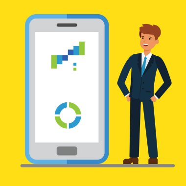 Internet mobil iş. Büyük bir akıllı telefon ekran duran işadamları. Düz kavramı vektör çizim.