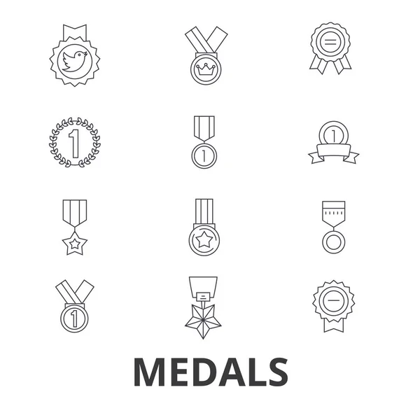 Medali, piala, medali emas, penghargaan, medali, medali Olimpiade, pemenang, lencana garis ikon. Stroke diedit. Vektor desain datar konsep simbol ilustrasi. Tanda linier terisolasi - Stok Vektor