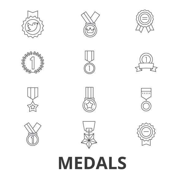 Medalhas, troféu, medalha de ouro, prêmio, medalhão, medalha olímpica, vencedor, ícones de linha de emblema. Traços editáveis. Conceito de símbolo de ilustração vetorial de design plano. Sinais lineares isolados —  Vetores de Stock