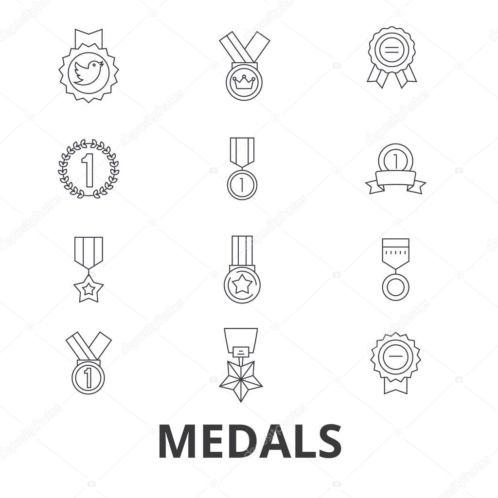 Medals, trophy, gold medal, award, medallion, olympic medal, winner, badge line icons. Editable strokes. Flat design vector illustration symbol concept. Linear signs isolated