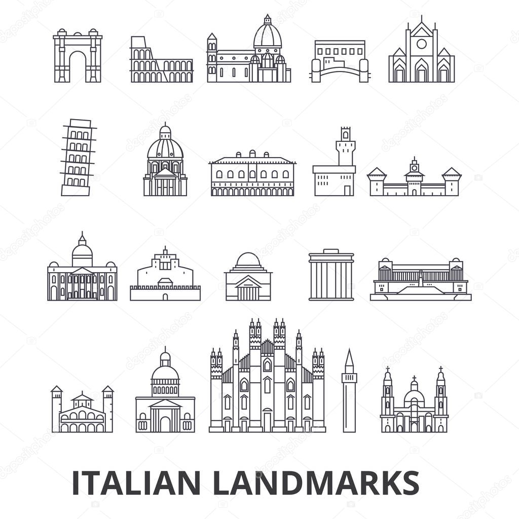 Italian landmakrs, italian, italian landscape, piza tower, cathedral, colosseum line icons. Editable strokes. Flat design vector illustration symbol concept. Linear signs isolated on white background