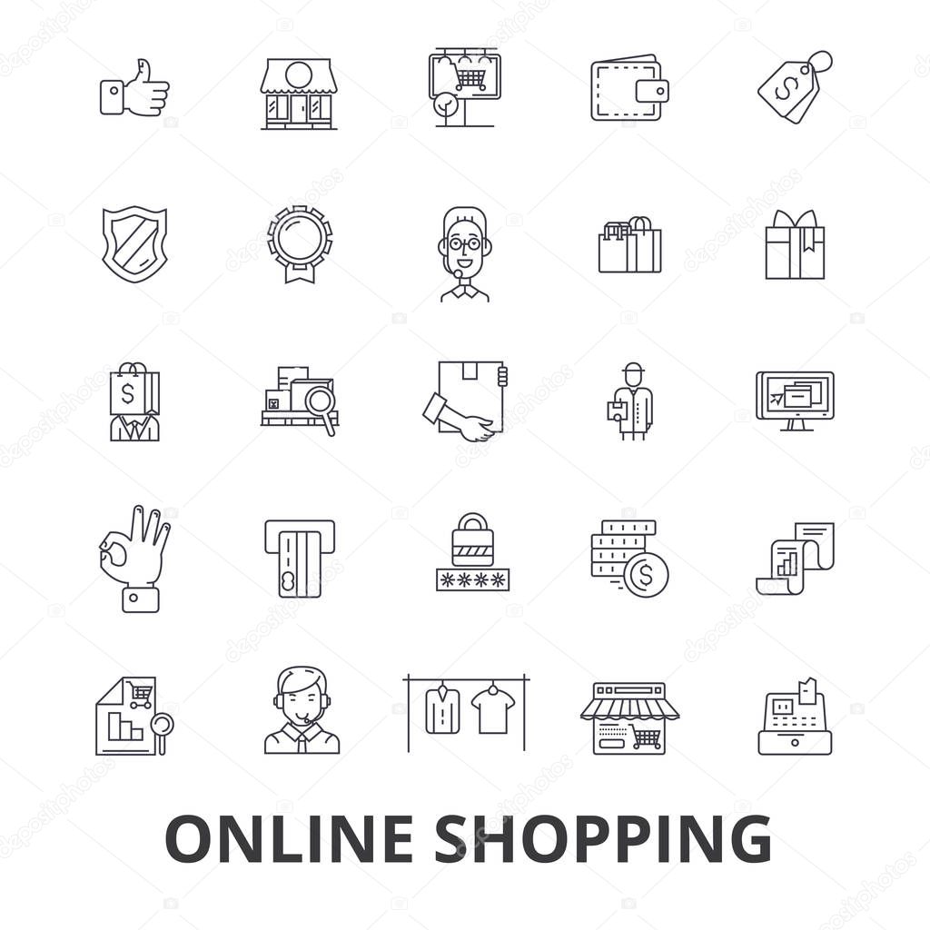 Online shopping, ecommerce, mobile store, cart, bag, buying, marketing, purchase line icons. Editable strokes. Flat design vector illustration symbol concept. Linear signs isolated