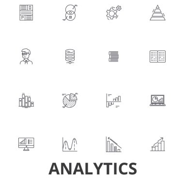 Analytics, veri, istatistik, analiz, grafik, rapor, kavram, grafik, çizgi simgeler planı. Düzenlenebilir vuruş. Düz tasarım vektör çizim sembolü konsepti. Lineer işaretler izole