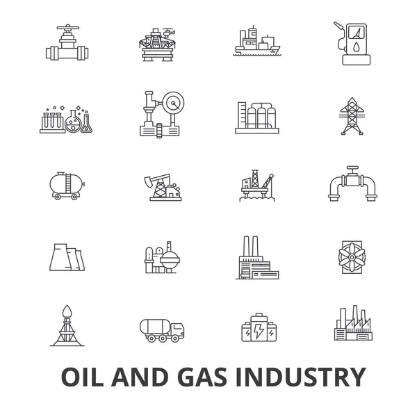Oil and gas industry, rig, platform, exploration, refinery, energy, industrial line icons. Editable strokes. Flat design vector illustration symbol concept. Linear signs isolated — Stock Vector