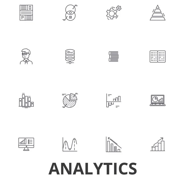 Analytique, données, statistiques, analyse, graphique, rapport, concept, graphique, plan des icônes de la ligne. Strokes modifiables. Concept de design plat vector illustration symbole. Linéaires signes isolés — Image vectorielle