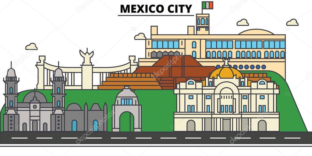 Mexico City. City skyline, architecture, buildings, streets, silhouette, landscape, panorama, landmarks, icons. Editable strokes. Flat design line vector illustration concept