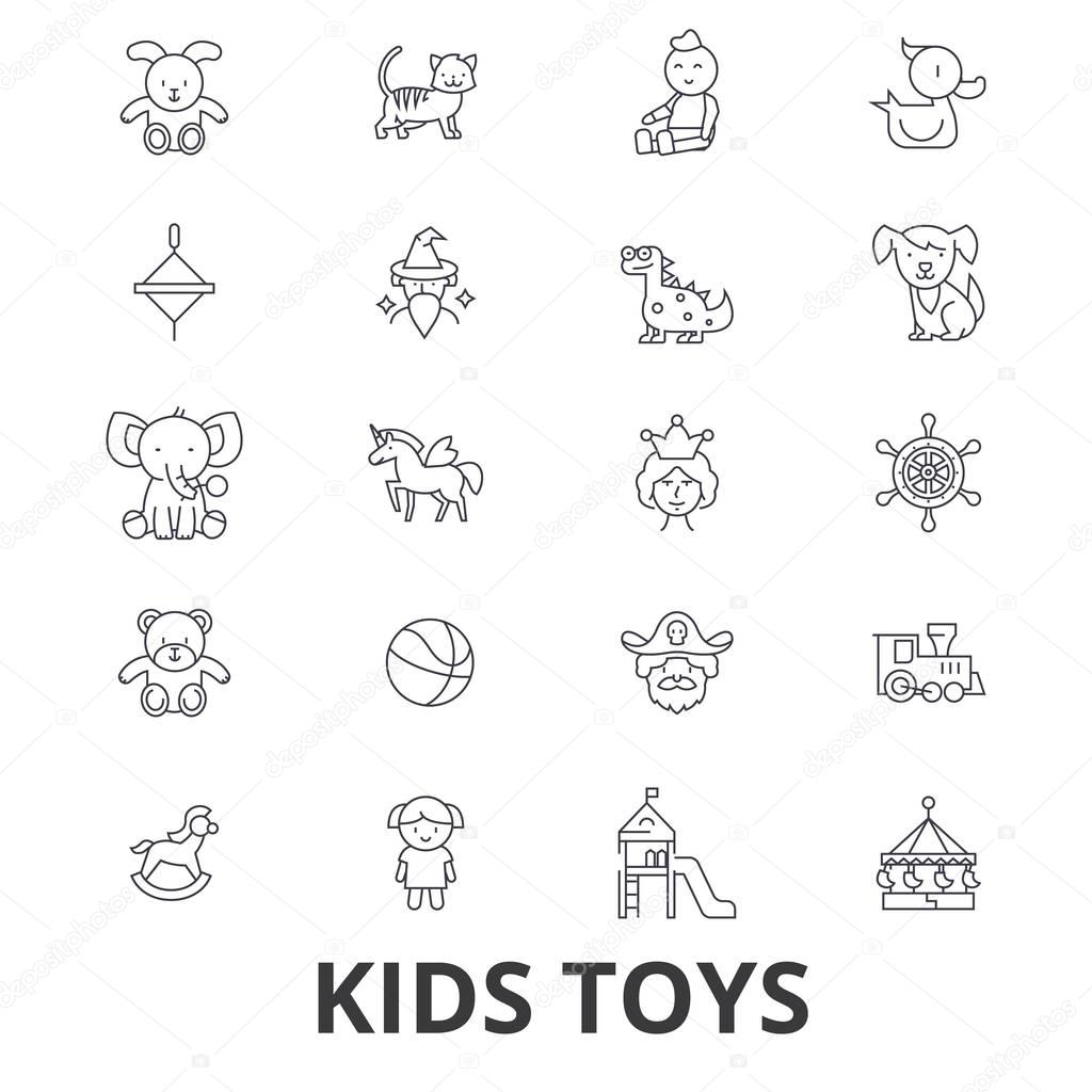 Kids toys, playing, baby toy, children toy, kids room, teddy bear, yule, pirate line icons. Editable strokes. Flat design vector illustration symbol concept. Linear signs isolated on white background