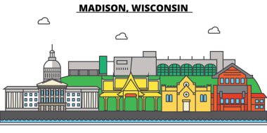 Colorado, Aurora. Şehir manzarası, mimari, binalar, sokaklar, siluet, peyzaj, panorama, yerler, simgeler. Düzenlenebilir vuruş. Düz çizgi vektör çizim tasarım